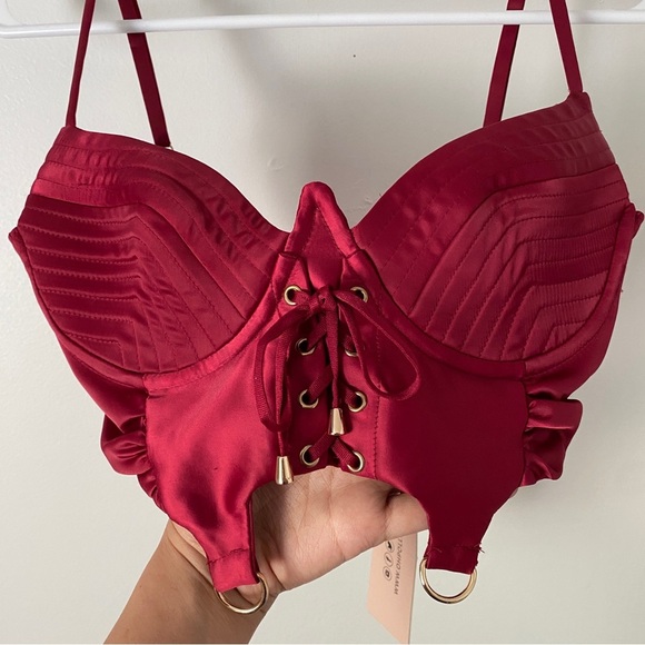 NWT Oh Polly Satin Lace Up Burgundy Corset Crop Top Zipper Closure Whimsigoth S - Picture 3 of 7